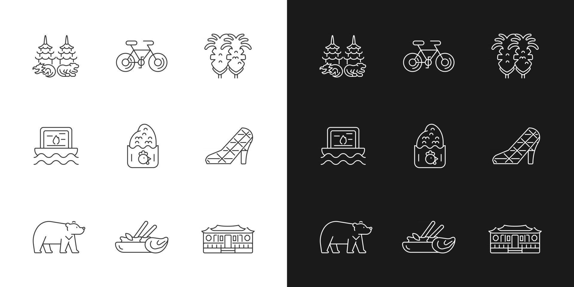 Oriental linear icons set for dark and light mode. vector
