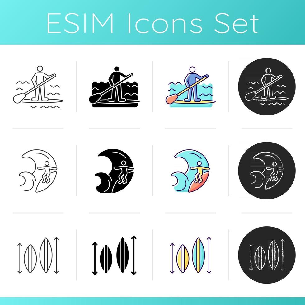 Riding wave using board icons set vector