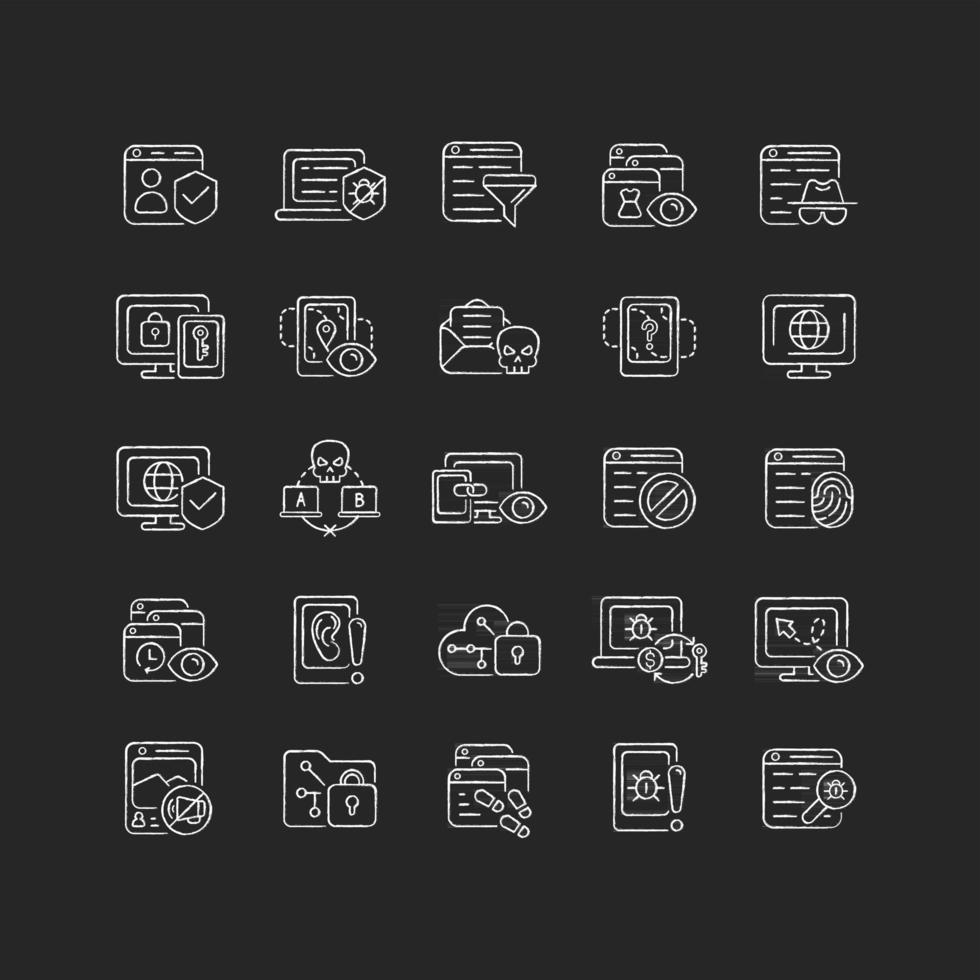 Online surveillance and censorship chalk white icons set vector