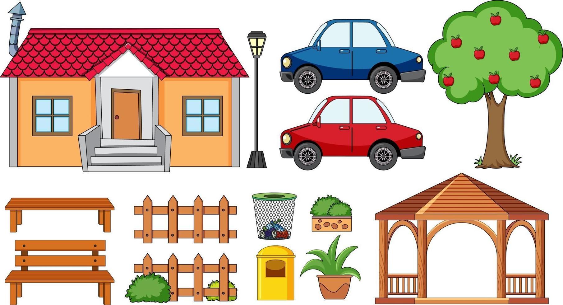 A house with outdoor decoration set isolated vector