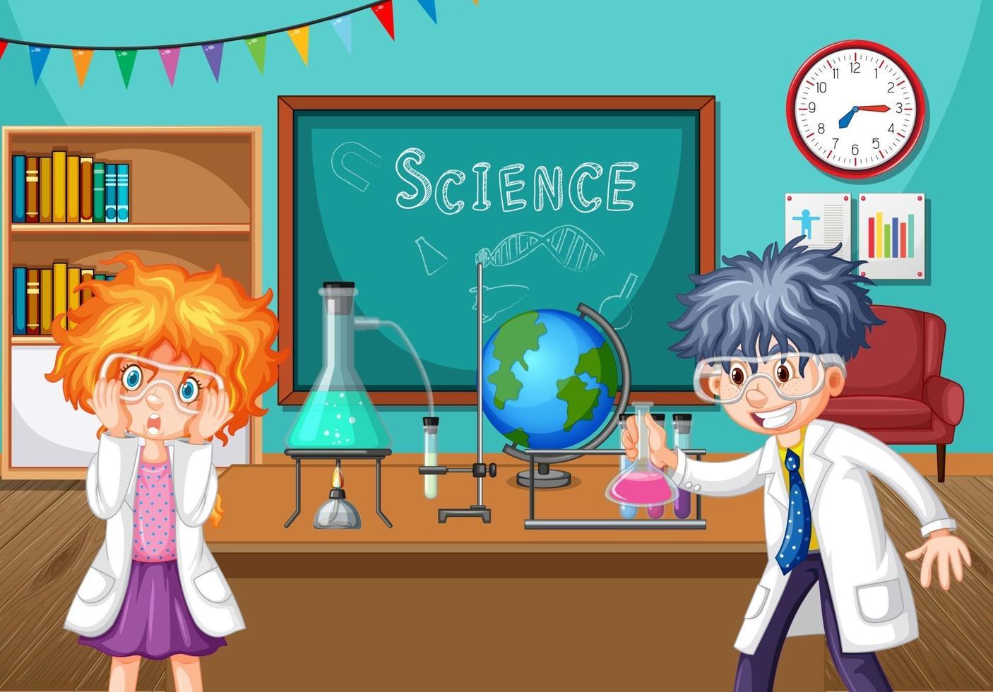 Dos jóvenes científicos haciendo experimentos de química en el aula. vector