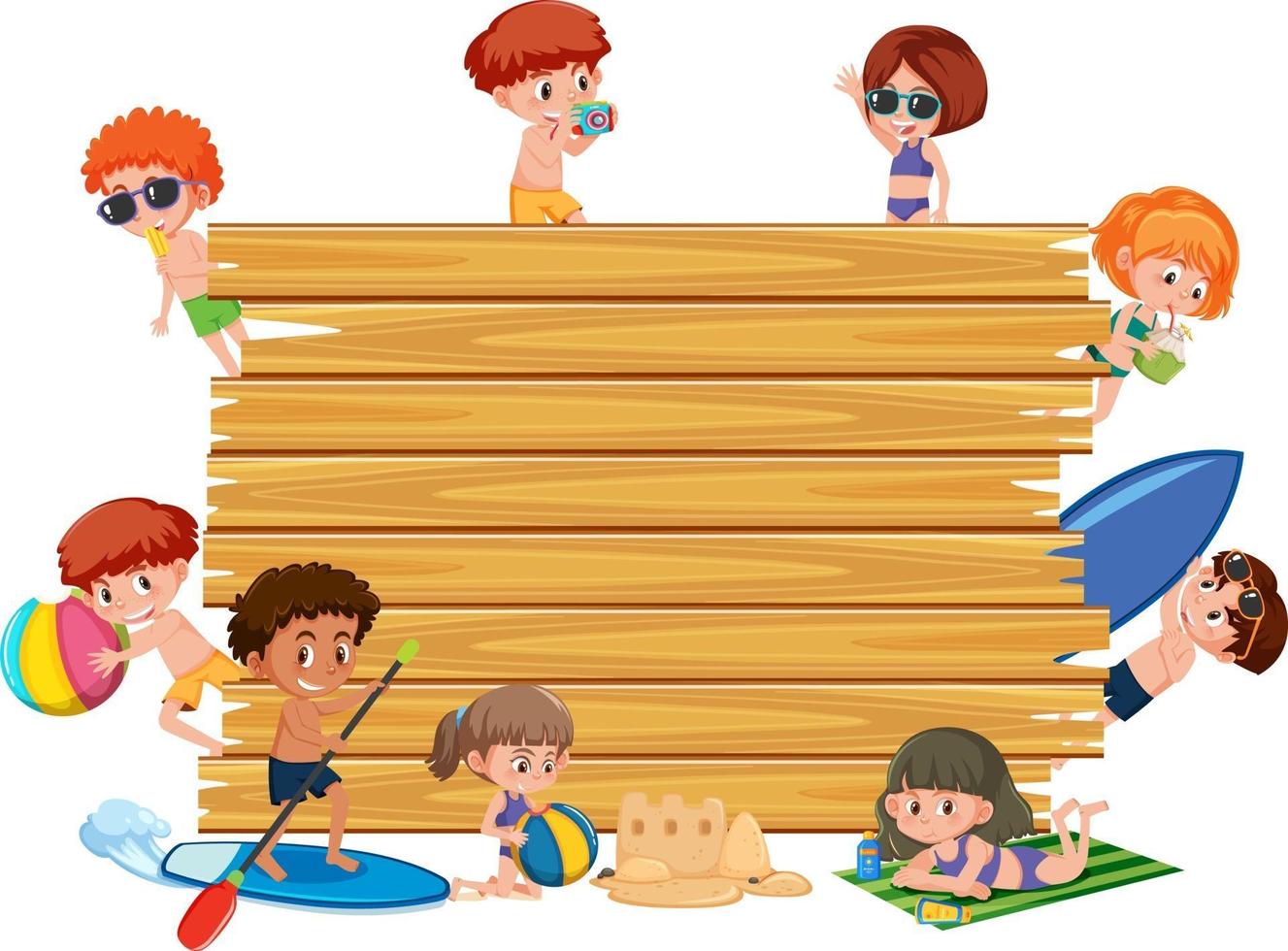 Tablero de madera vacía con niños en el tema de la playa de verano vector