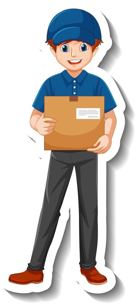 A sticker template with delivery man in uniform holding boxes vector