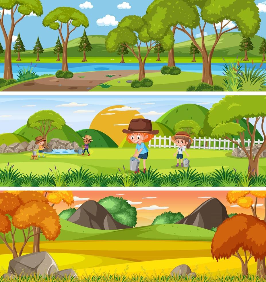 Different nature landscape at daytime scene with cartoon character vector