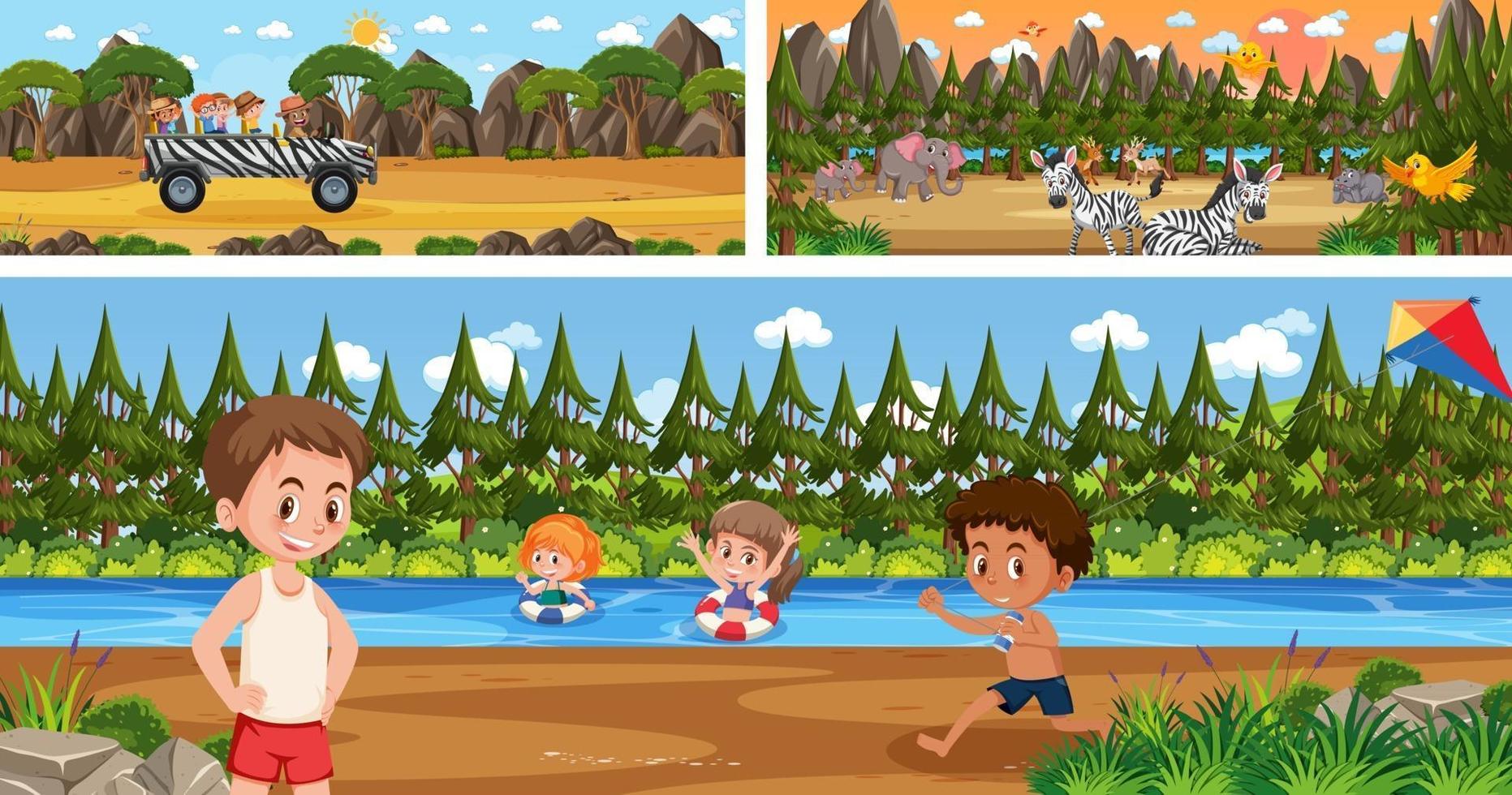 Set of different outdoor landscape scenes with cartoon character vector