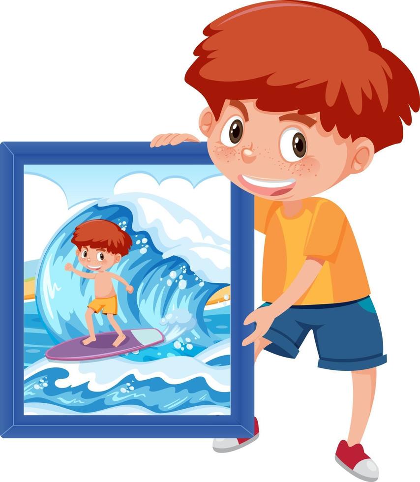 un personaje de dibujos animados de niño sosteniendo una foto de un niño  surfeando en una gran ola 2997501 Vector en Vecteezy