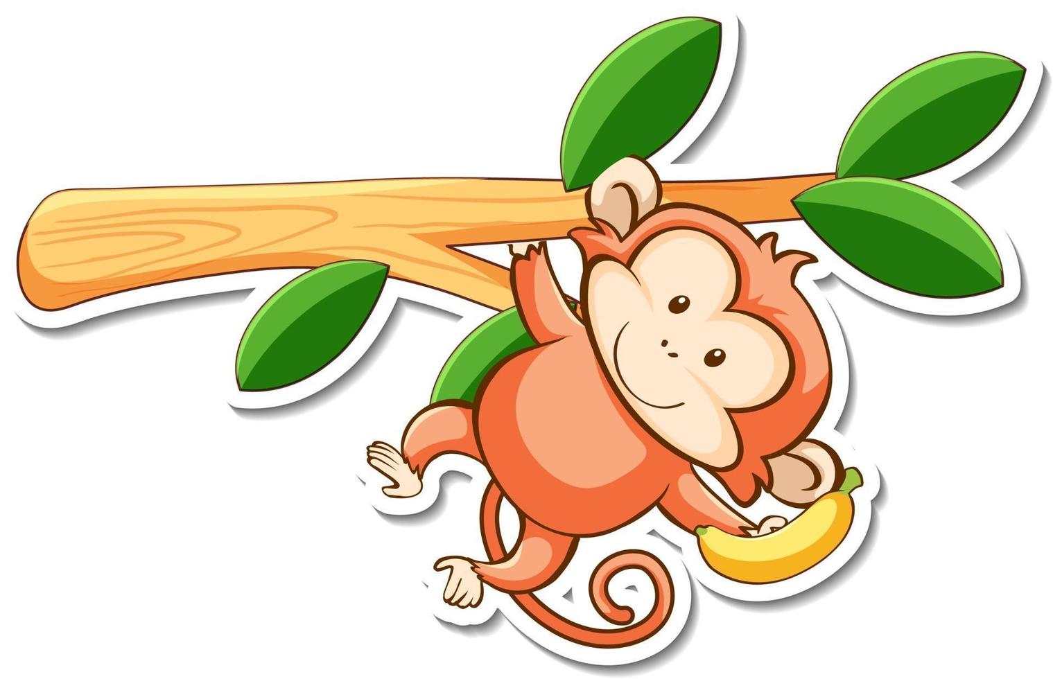 Cartoon character of cute monkey hanging on a branch sticker vector