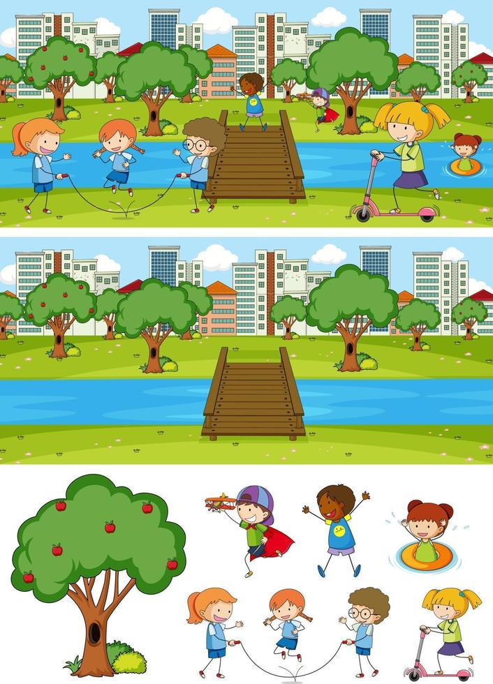 Set of different horizontal scenes background with doodle kids vector