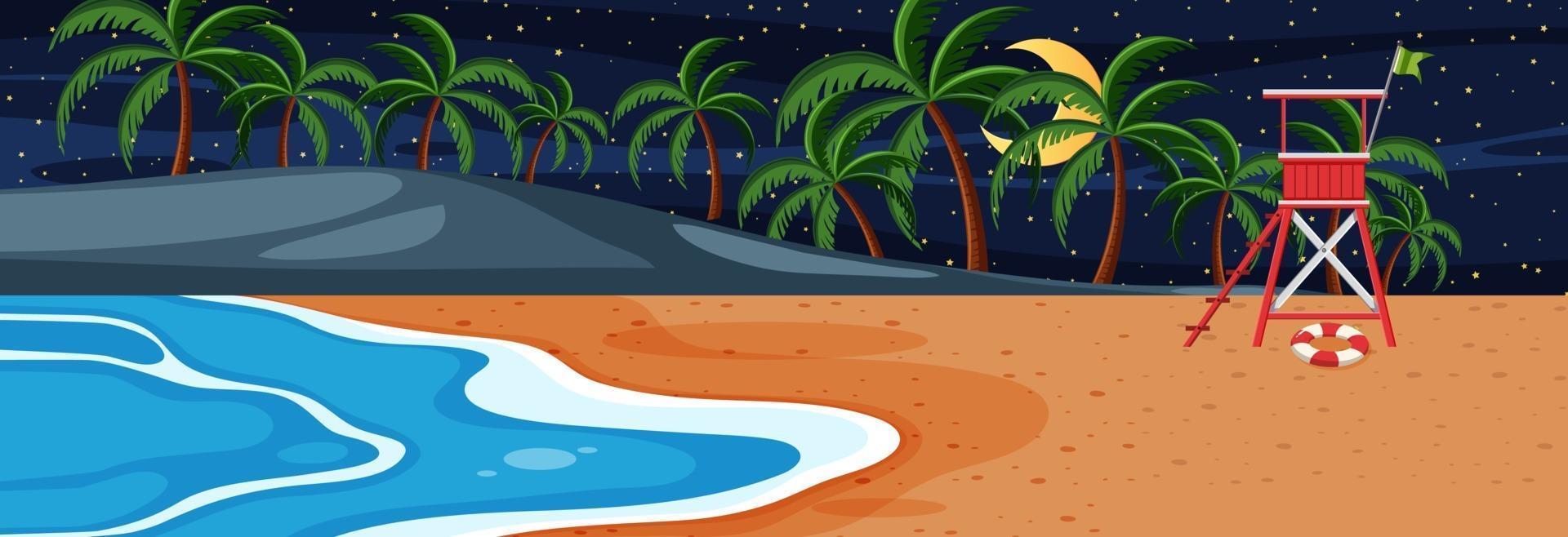 Escena horizontal de playa por la noche con muchas palmeras. vector