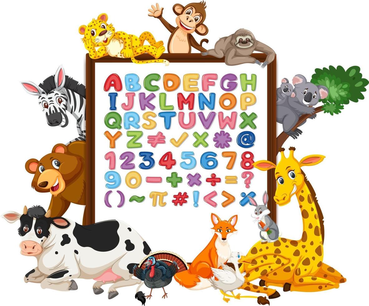alfabeto az y símbolos matemáticos en un tablero con animales salvajes vector