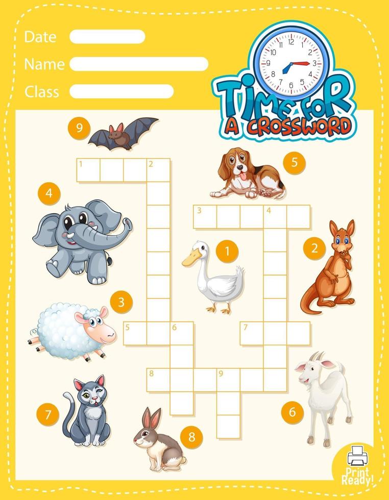 Crossword puzzle game template about animals vector