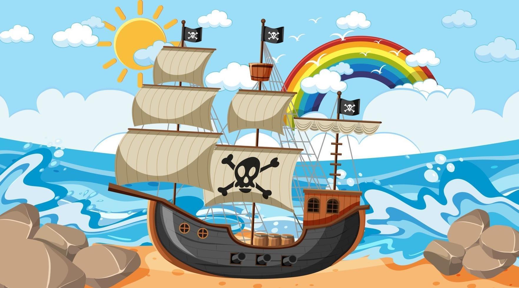 Ocean scene at day time with Pirate ship in cartoon style vector