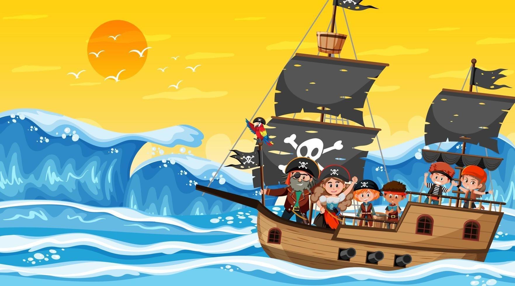 Treasure Island scene at sunset time with Pirate kids vector