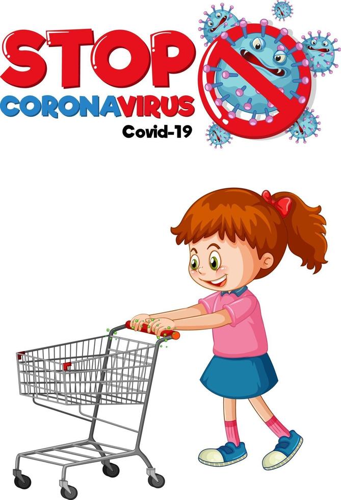 detener el diseño de fuentes de coronavirus con una niña de pie junto al carrito de compras vector