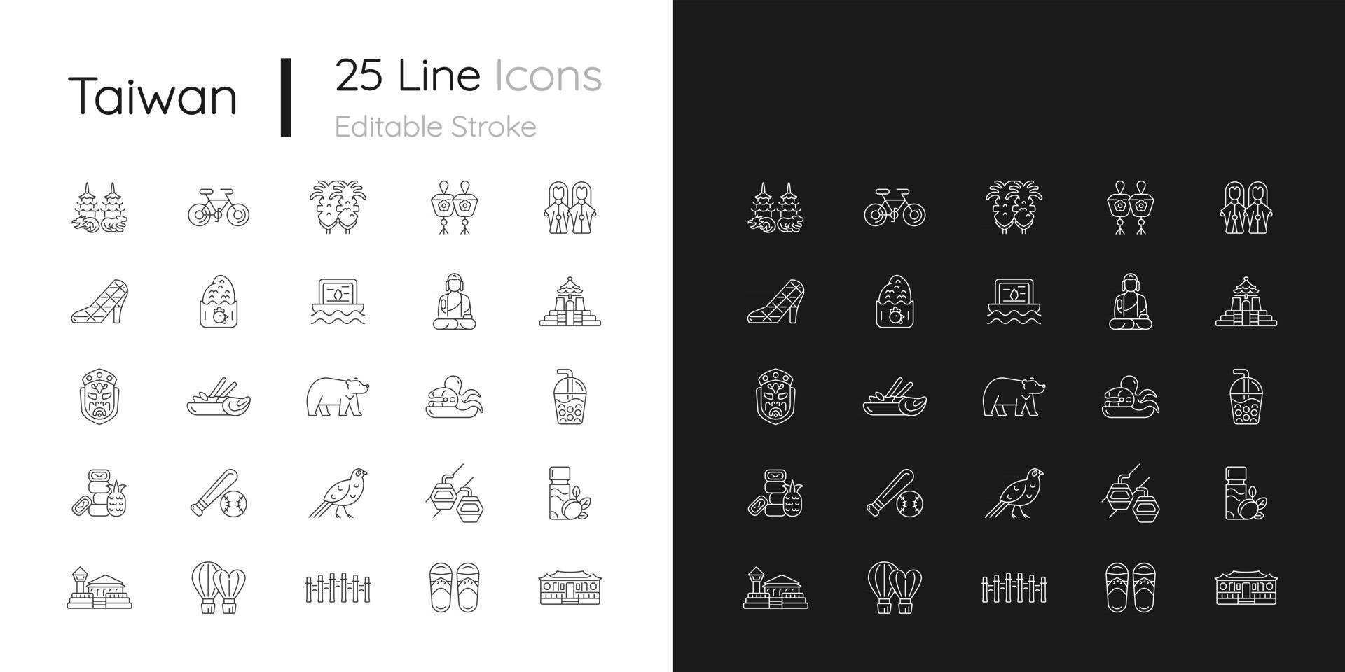 Taiwan linear icons set for dark and light mode. vector