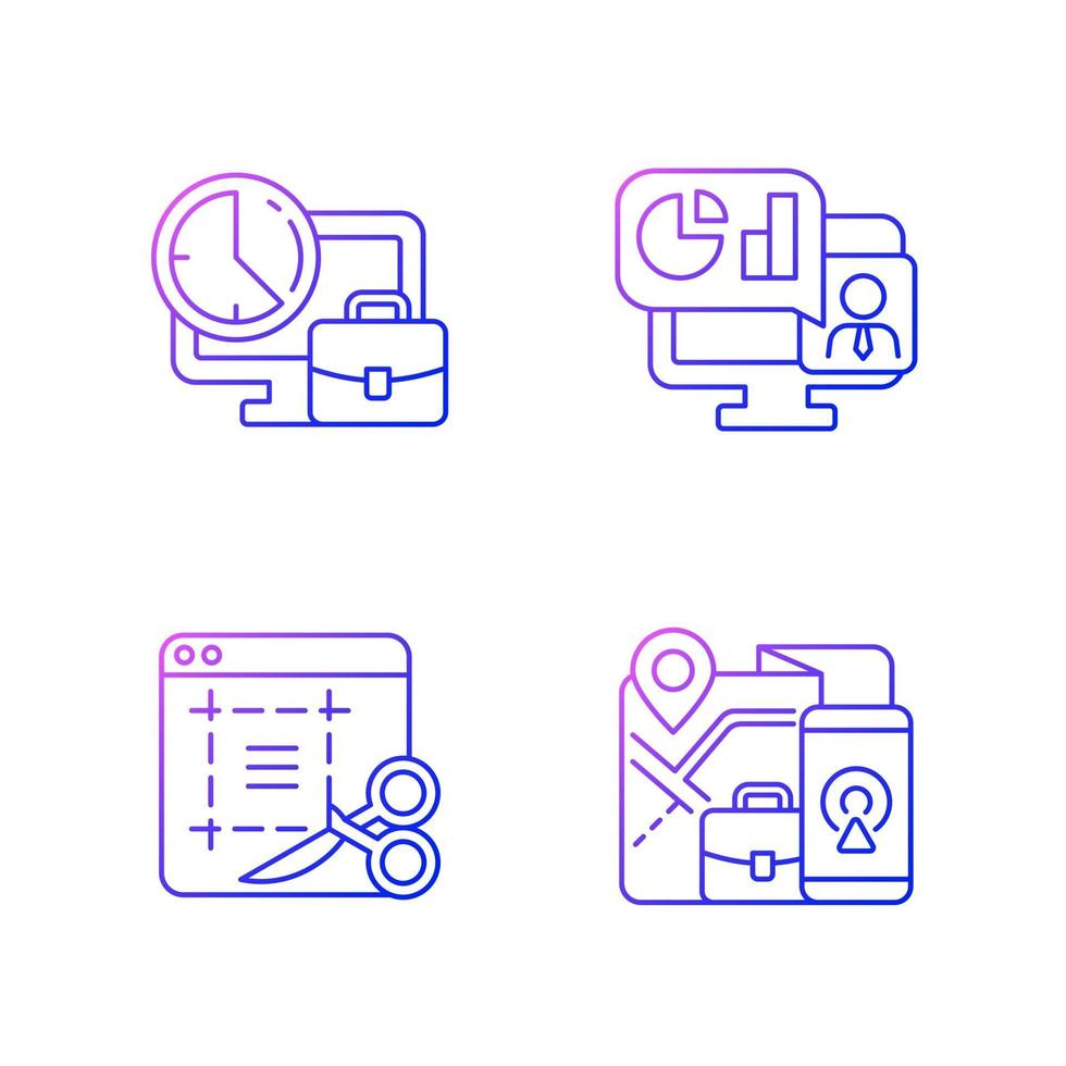 Remote work monitoring gradient linear vector icons set