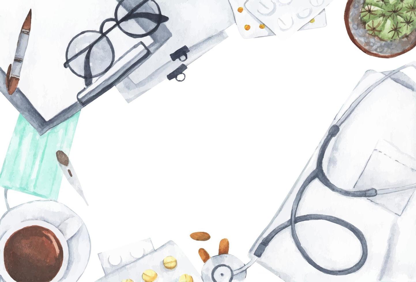 Top view of doctor desk table. Watercolor illustration. vector
