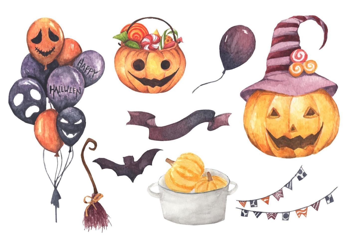 Happy Halloween collection. Watercolor illustration. vector