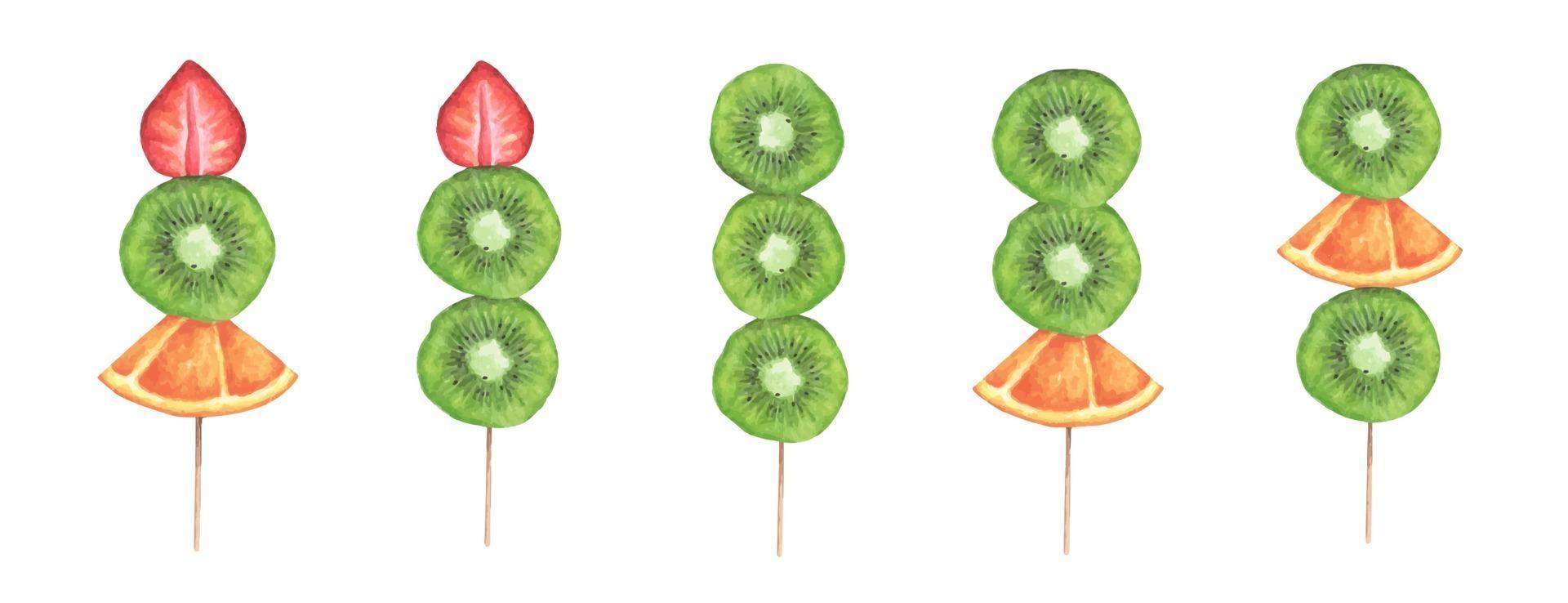 rodajas de fresa, kiwi y naranja en un palo de madera. vector