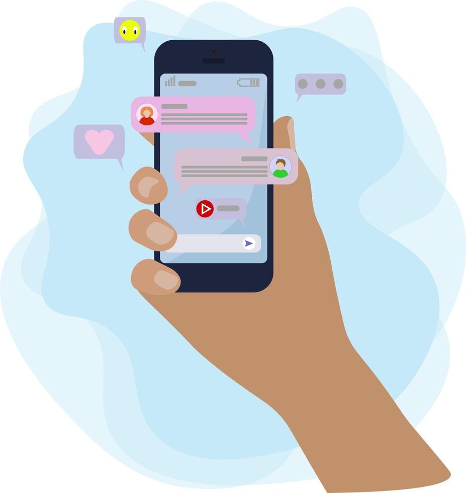 Hand holding mobile phone with chat, messages and people avatars vector