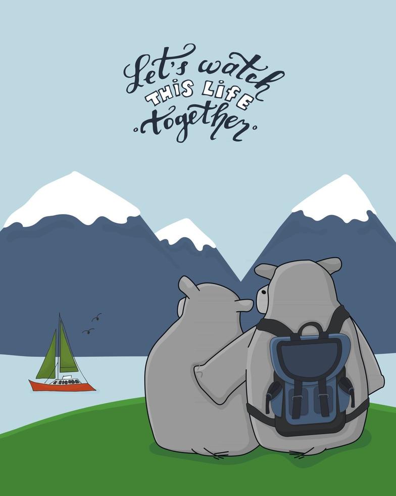 Couple of hippos are on green field in mountains vector