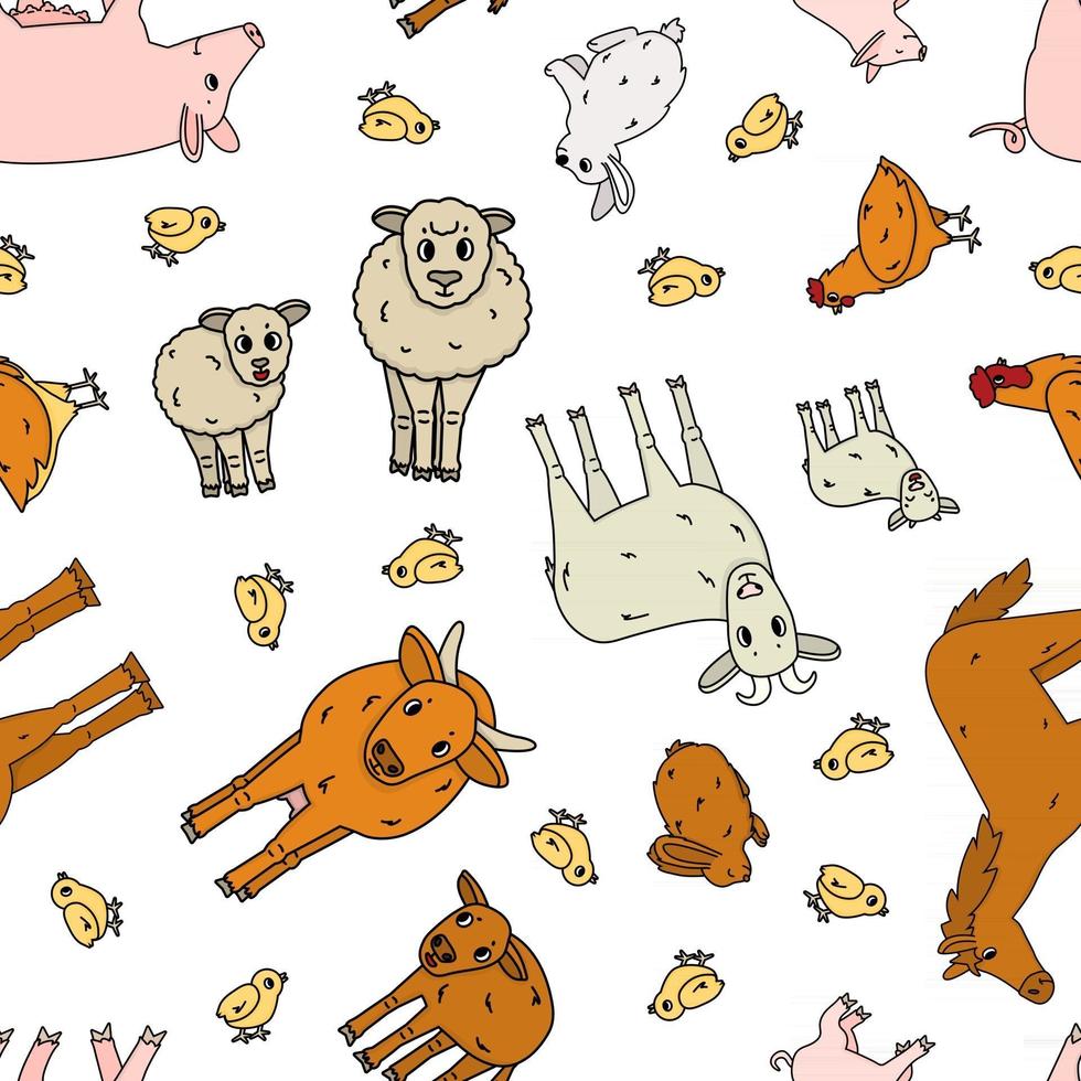 Seamless pattern of cute doodle vector cartoon animals at the farm