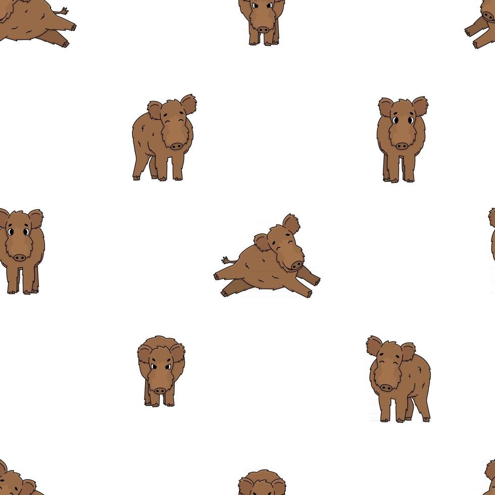 Seamless pattern of brown vector outline cute cartoon boar