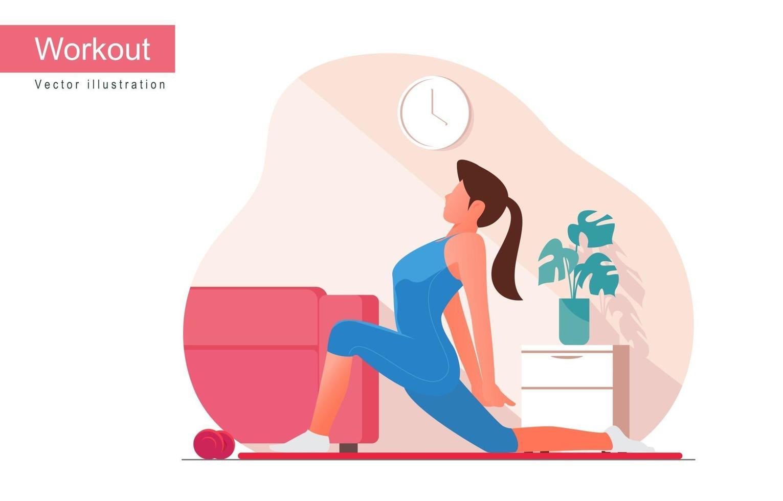 Woman doing workout indoor. Yoga and fitness at home, vector