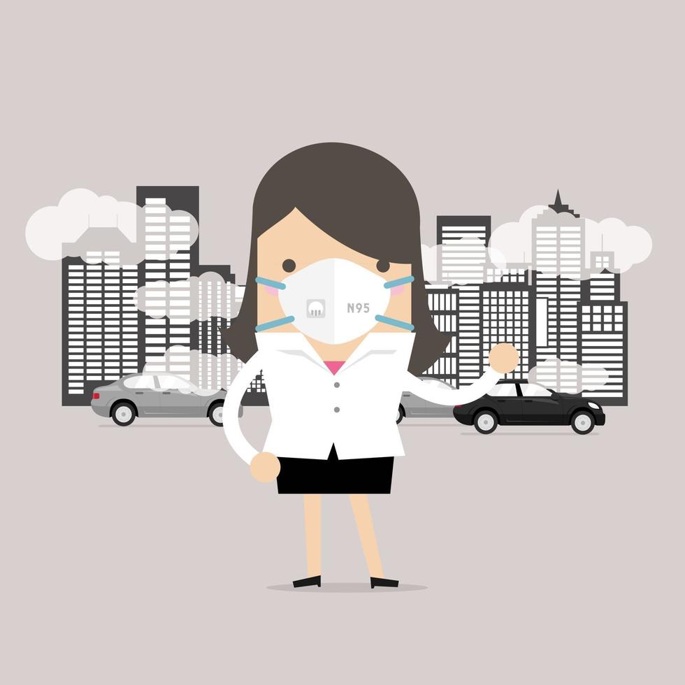Businesswoman wearing protective mask before going to work. vector