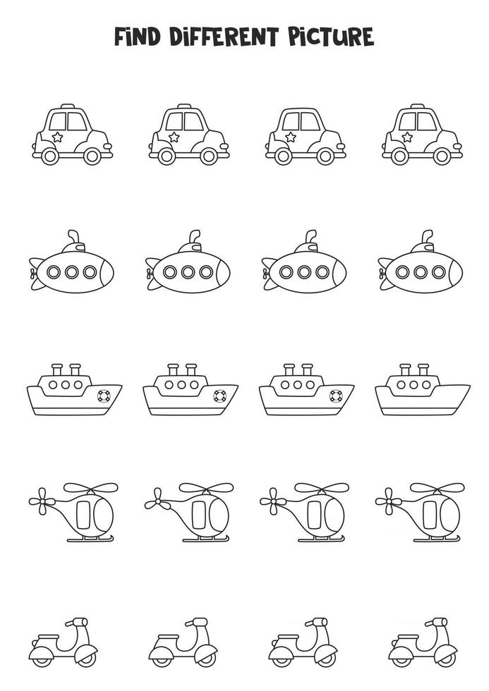 Find transport which is different from others. Black and white vector
