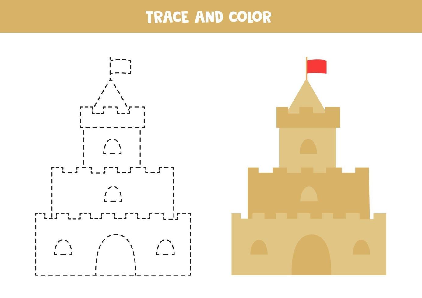 Trace and color cartoon sand castle. Worksheet for kids. vector