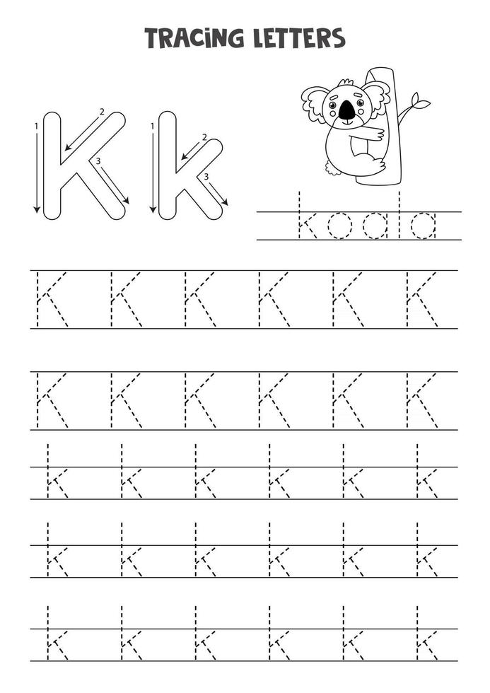 Tracing letters of English alphabet. Black and white worksheet. vector