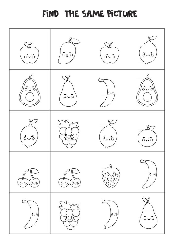 Find two the same fruits. Black and white worksheet. vector