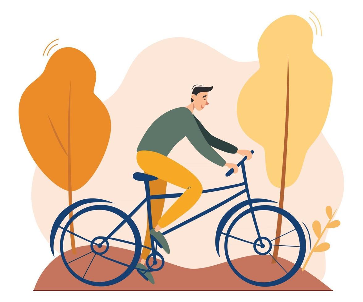 Young man riding bicycle outdoors in autumn park. Vector