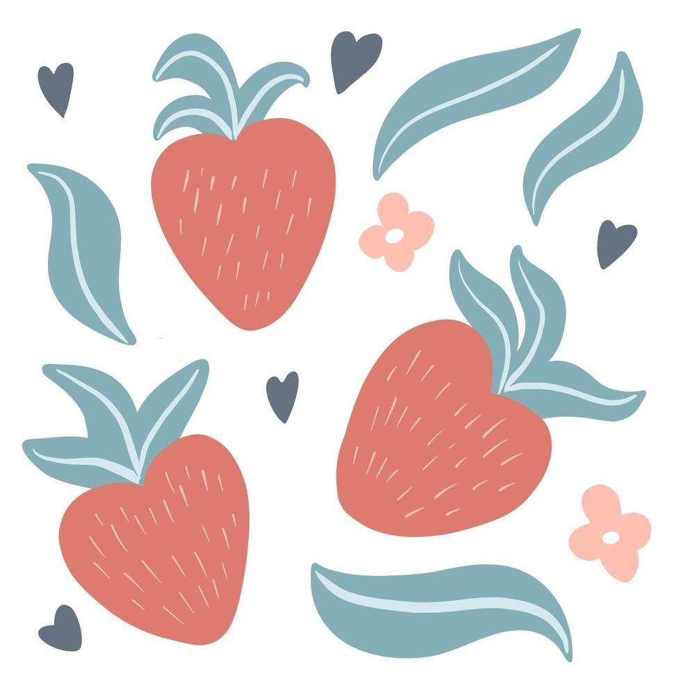 Set of cute hand drawn strawberries, leaves and flowers vector