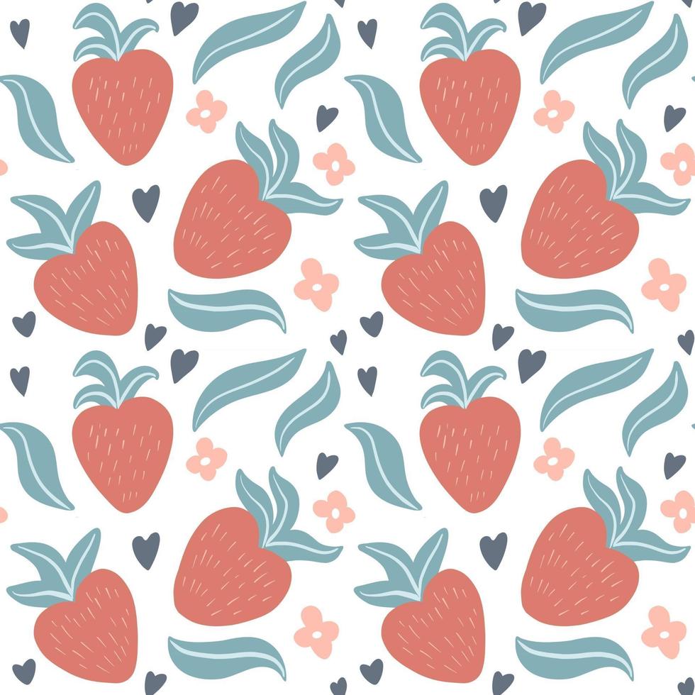Cute seamless pattern with hand drawn strawberries, leaves, flowers vector