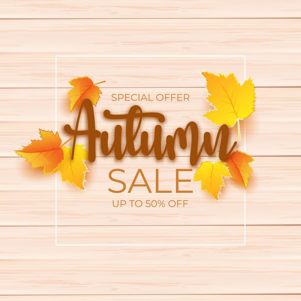 autumn sale promotion design with leaves over wooden board vector