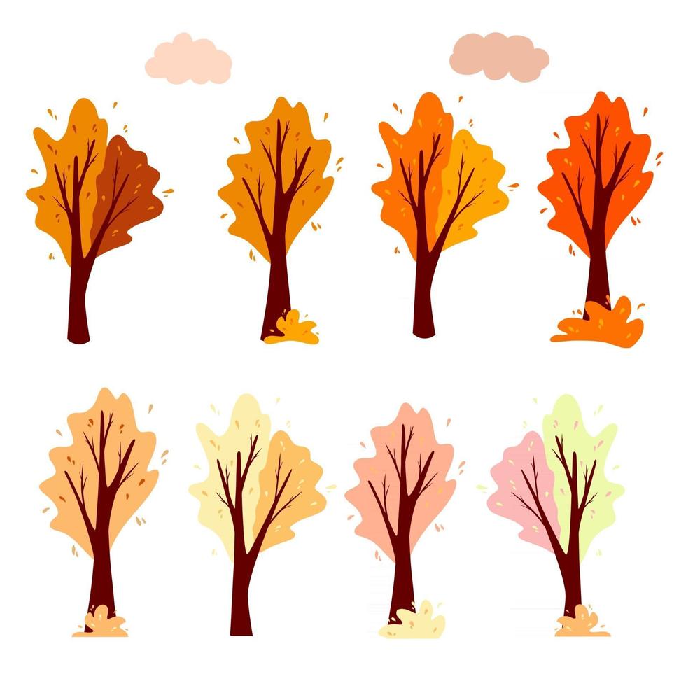 Set Abstract autumn tree and cloud. Ornamental plant. Cartoon style. vector