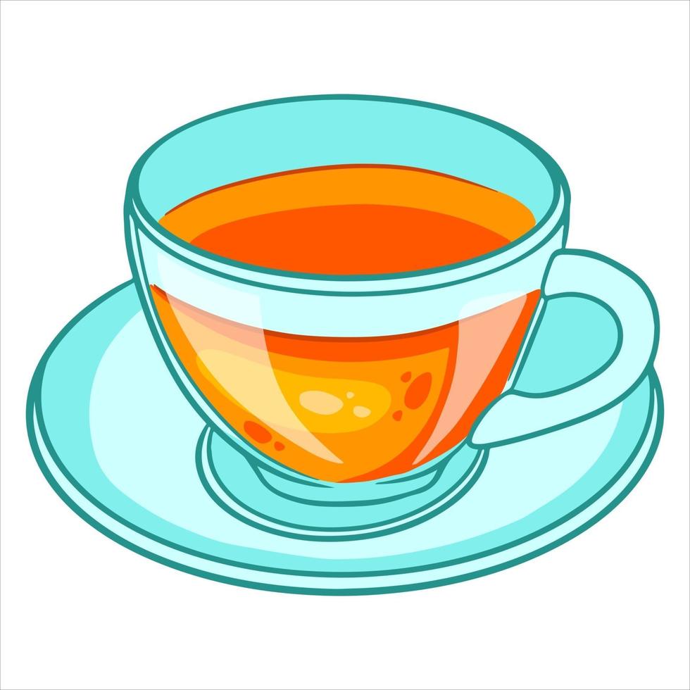 desayuno. una taza de té caliente en una taza de vidrio y en un platillo de vidrio. vector