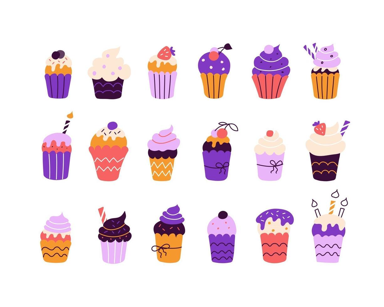 gran conjunto de cupcakes de colores brillantes en el estilo de garabatos planos vector