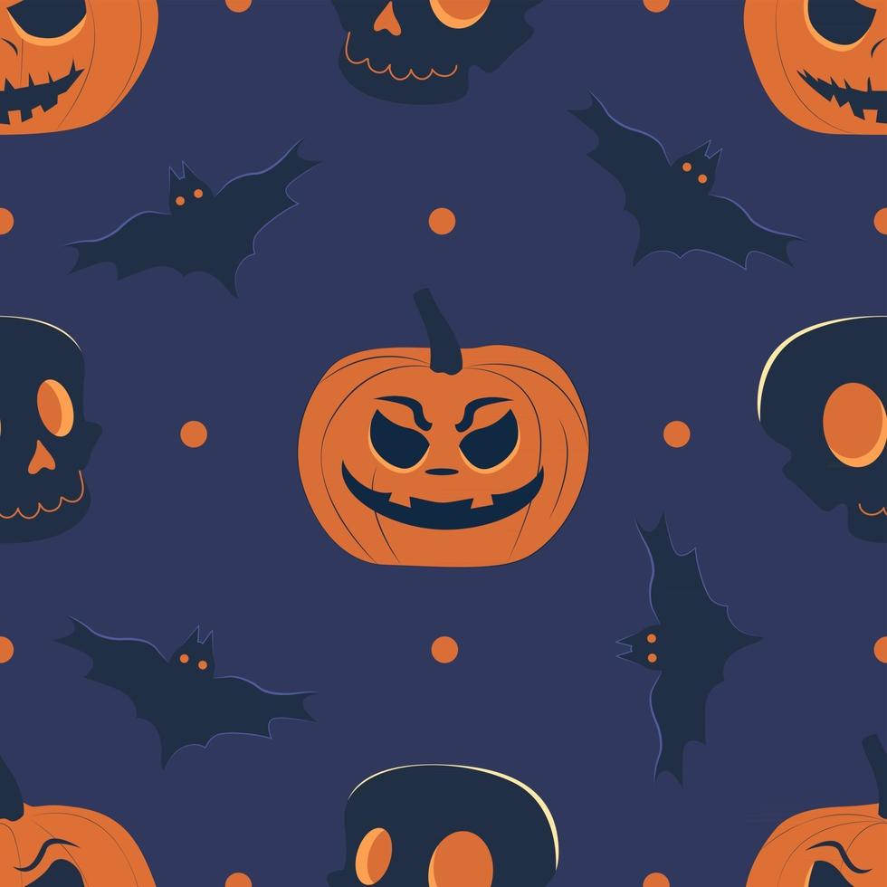 Seamless vector pattern with pumpkin head, skull and bats