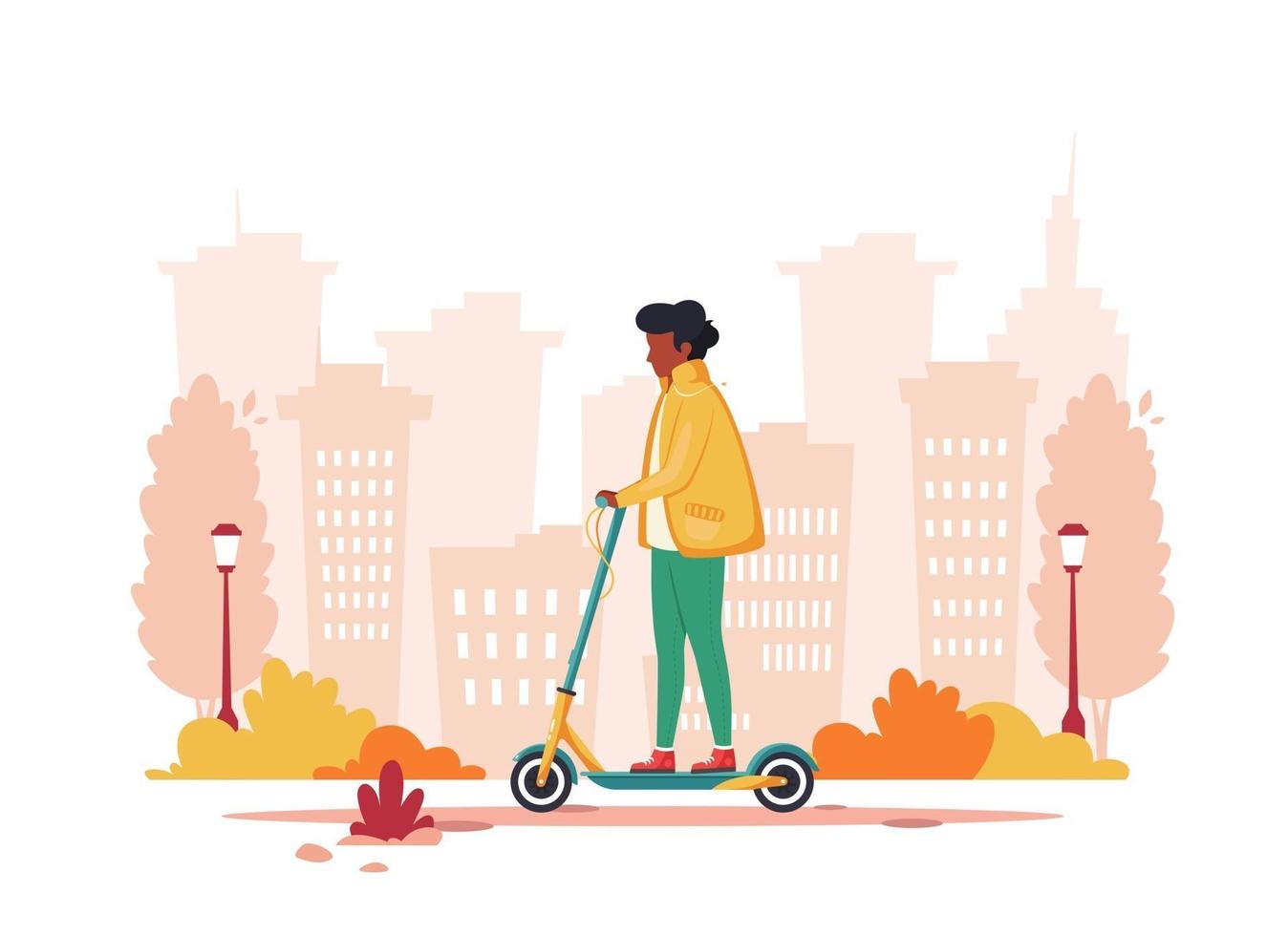 Black man riding electric scooter on city background. Eco transport vector