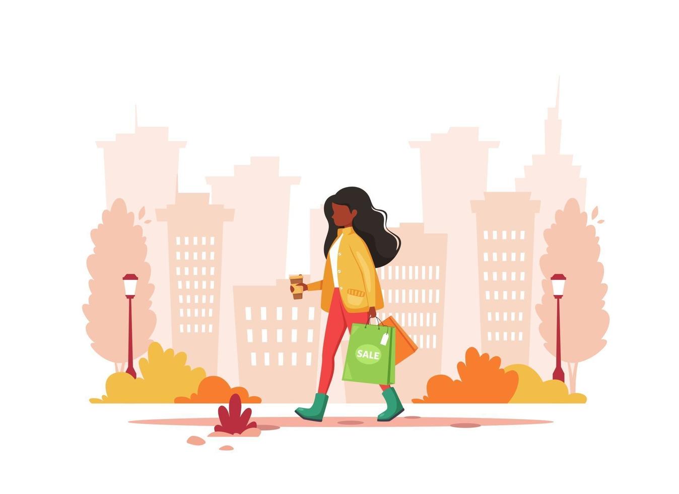 Black woman shopping in the city with coffee. Urban lifestyle vector