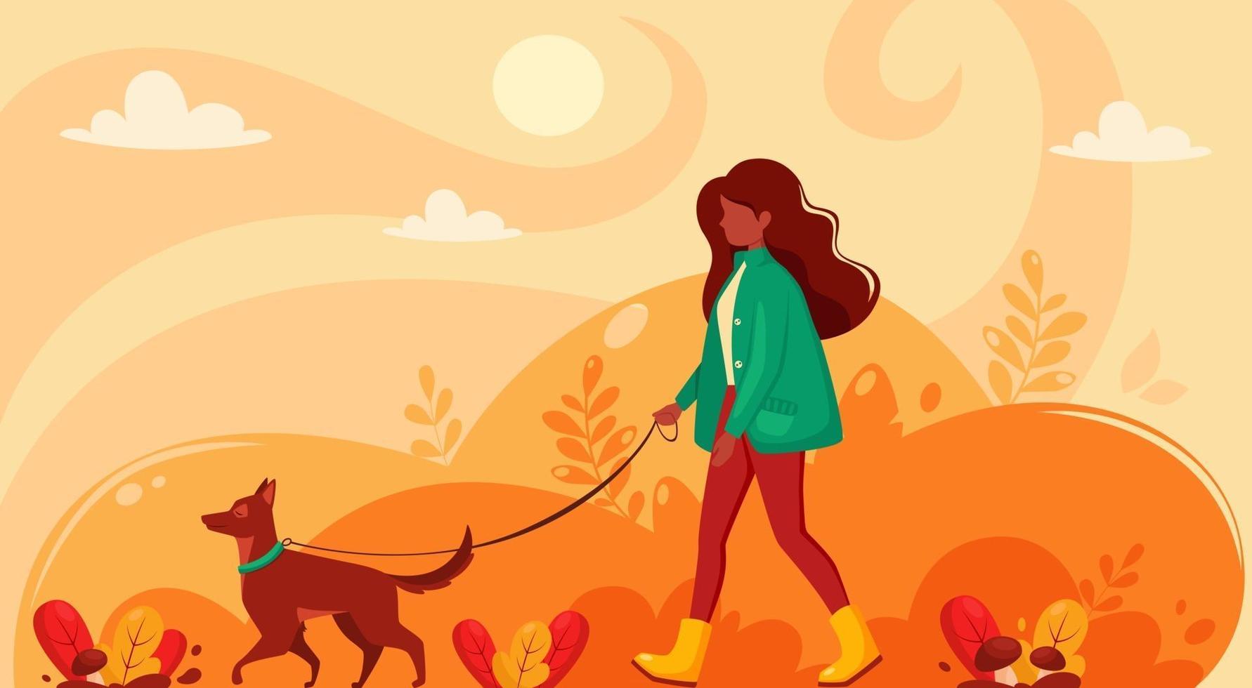 mujer negra caminando con perro en otoño. parque de otoño. vector