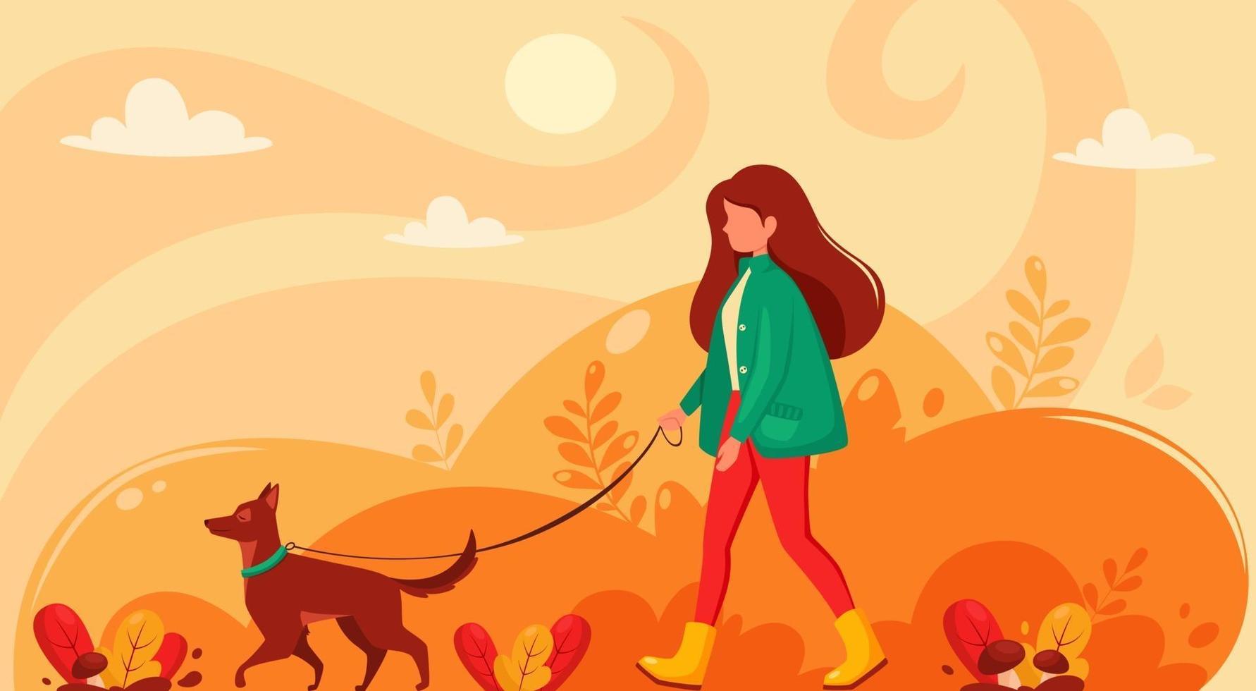 Mujer caminando con perro en el parque de otoño vector