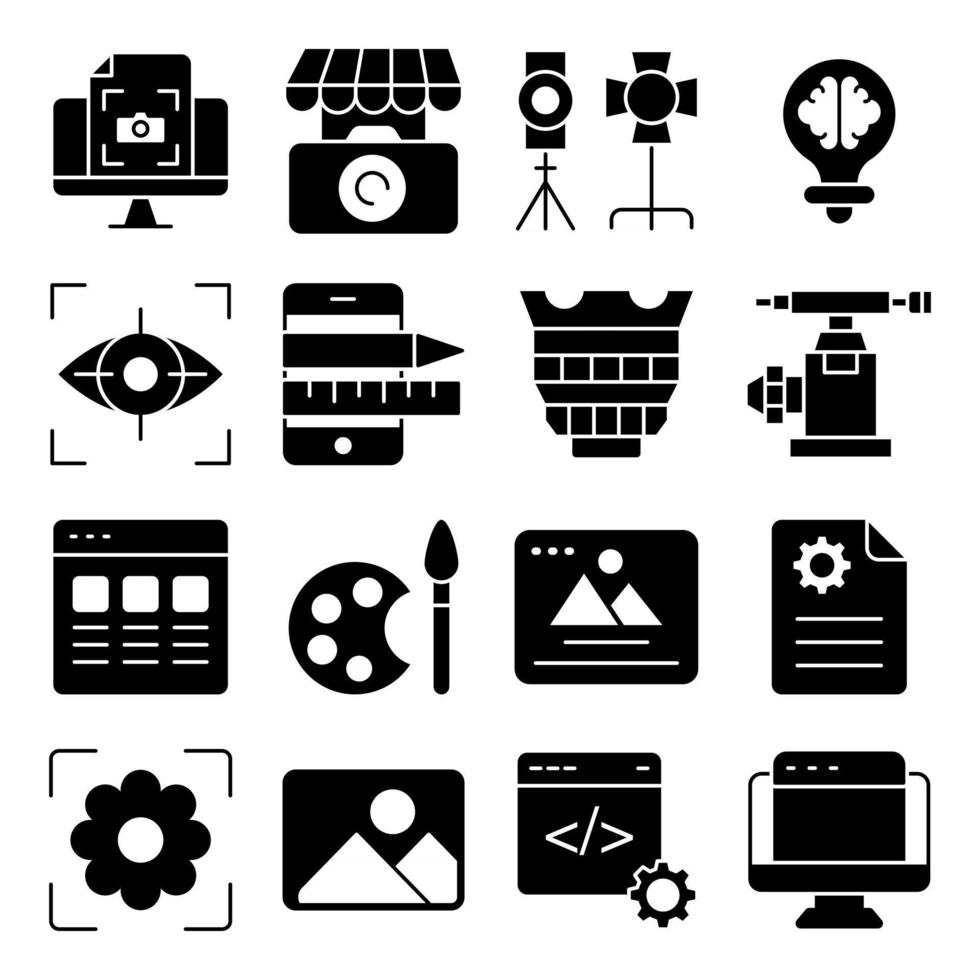 paquete de instrumentos fotográficos iconos sólidos vector