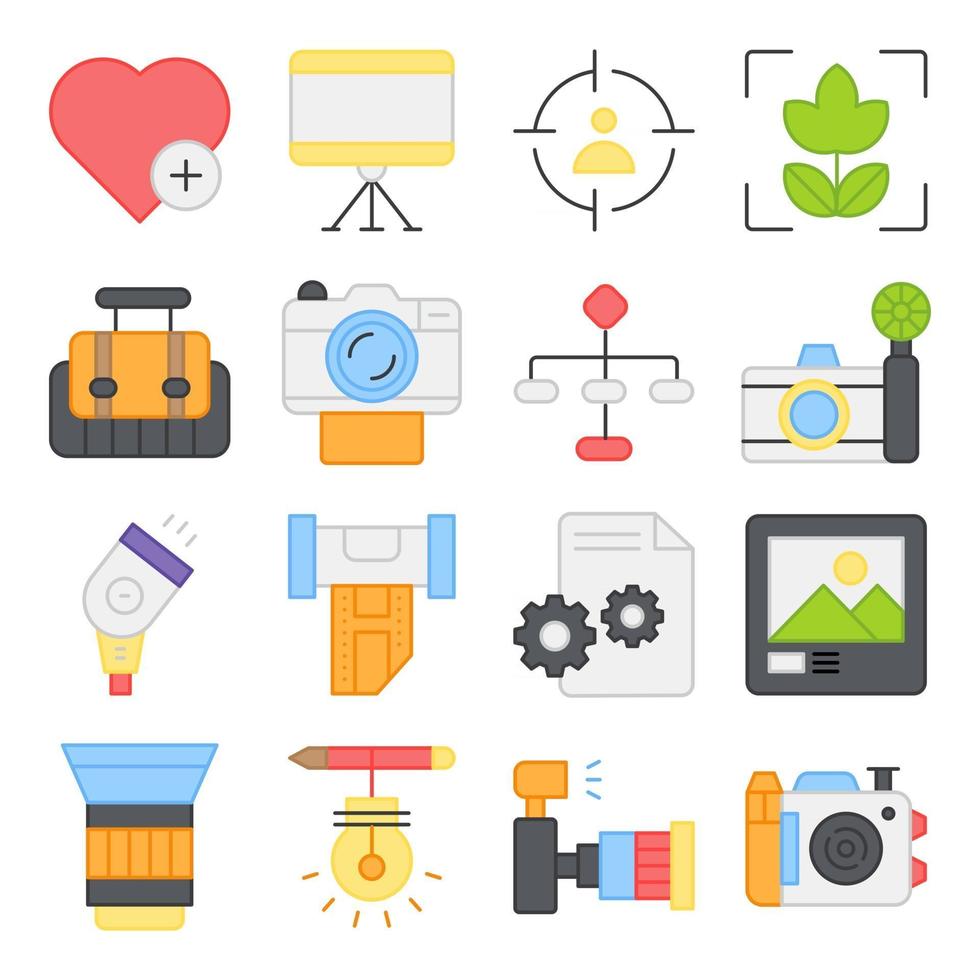 Pack of Photographic Equipment Flat Icons vector
