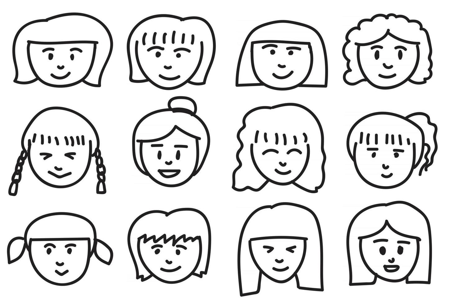 Collection of girls freehand drawing emoticons. vector
