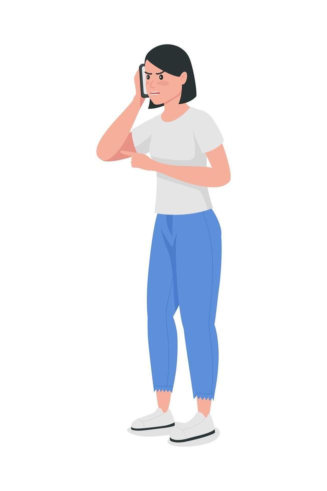 Angry woman on phone call semi flat color vector character