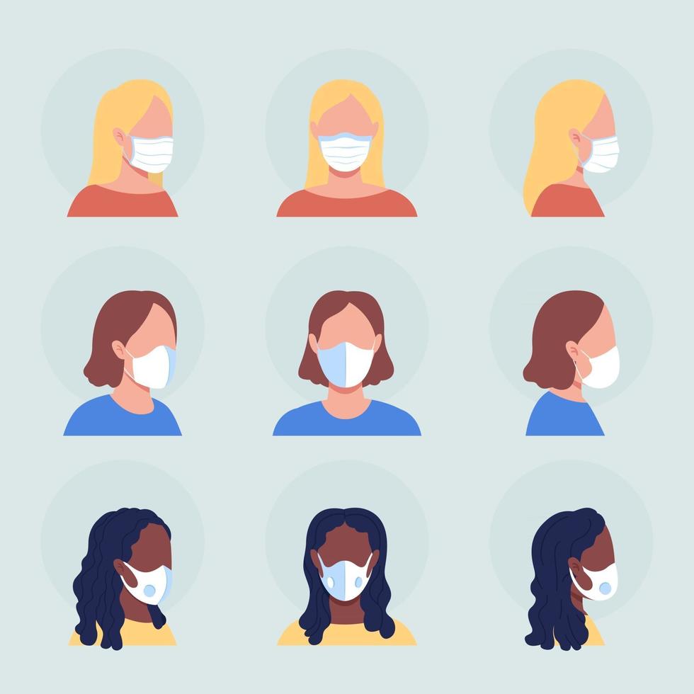 Ladies with white masks semi flat color vector character avatar set